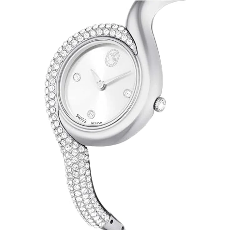 Swarovski Dextera Uhr, Asymmetrische analoge Armbanduhr mit silberfarbenem Metallarmband und 203 Kristallen, Armbandlänge: 11.7-14.7 cm, wasserdicht bis 50 m – Bild 4