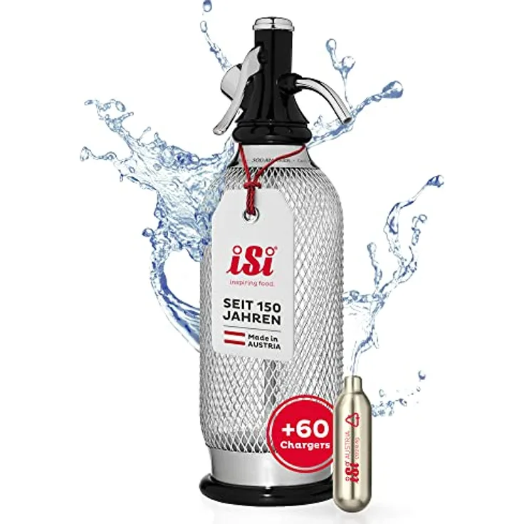 iSi Soda Maker Classic, Vintage Wassersprudler Set mit 60 Soda Chargers, BPA-frei, bruchsichere 1-Liter-Flasche