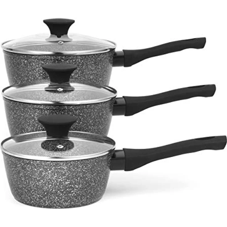 Salter BW05751S 3-teiliges Kochtopf-Set - Megastone Antihaft Topf-Set mit Hartglas Deckel und Dampfdüsen, 16cm/1.5L, 18cm/1.8L, 20cm/2.4L, Metallutensilien, induktions und Spülmaschinenfest, PFOA-frei – Bild 1