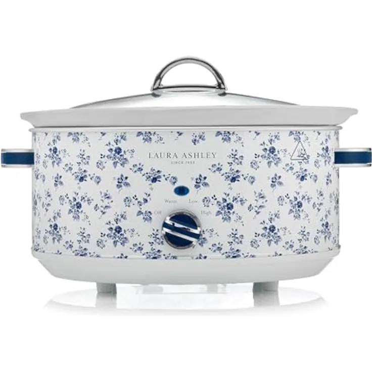 VQ Laura Ashley 6,5 Liter Schongarer mit China Rose Print, Slowcooker für 8-10 Personen, energieeffizient, 3 Heizstufen, gehärteter Glasdeckel