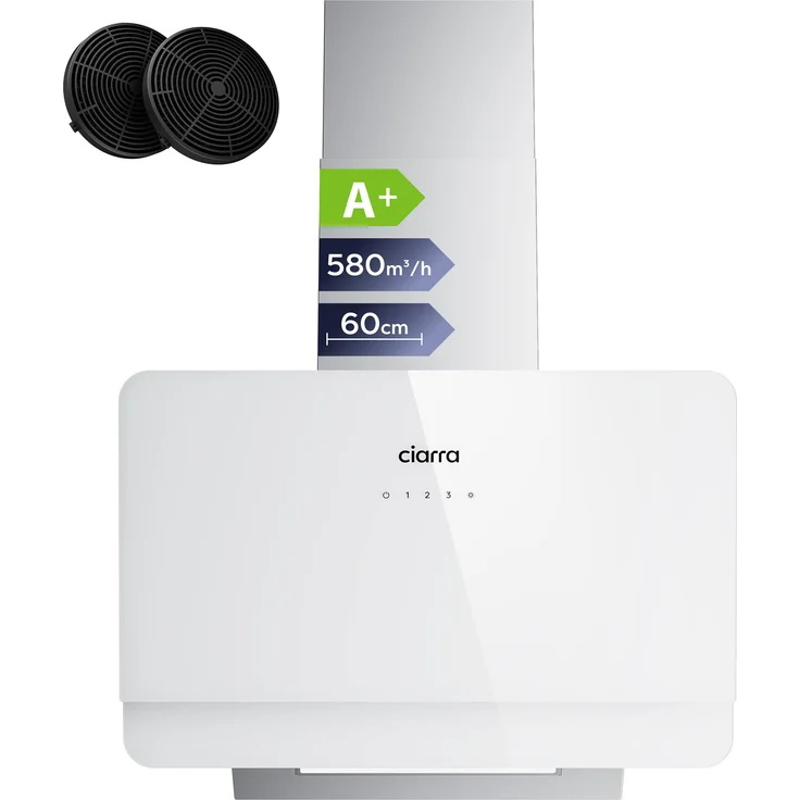 Ciarra Kopffreihaube VM6765CS, Dunstabzugshaube 60cm mit 580m³/h Saugkraft, A+ Energieeffizienz, Touch-Bedienung, 2-in-1 Abluft/Umluft