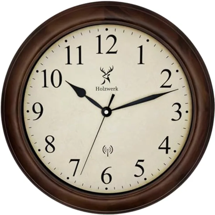 Holzwerk Germany RADEBURG, Vintage Retro Holz Funk Wanduhr, nahezu lautloses Uhrwerk, 35 cm, Braun-Beige, große Ziffern