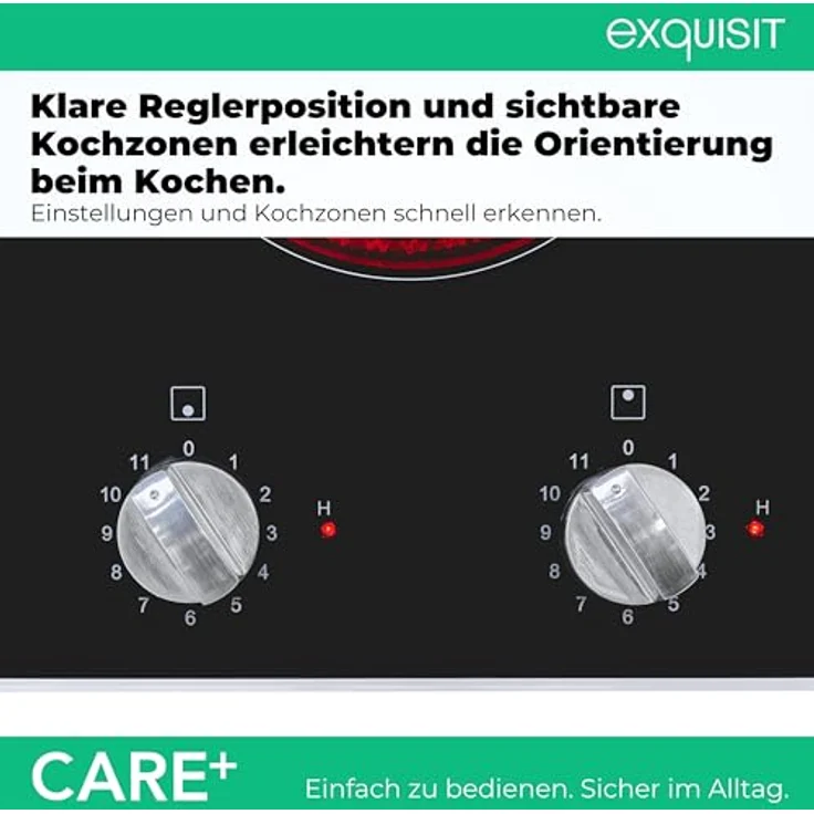 Exquisit Glaskeramik-Kochfeld EKC300-RK-420Care, 2 Kochstellen mit Drehknopf Bedienung, Restwärmeanzeige, 11 Leistungsstufen, Schwarz – Bild 3