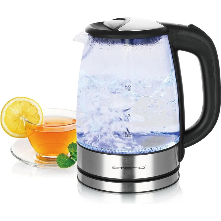 Emerio WK-119988.7 Wasserkocher, 1,7 L, 2200W, Glaswasserkocher mit LED-Beleuchtung, automatischer Abschaltung und Trockengehschutz