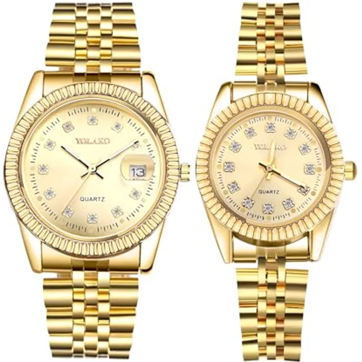 JewelryWe Gold Edelstahl Uhren für Paare, 2er Set Kalender Analog Quarz Armbanduhr mit Diamantskala und Facettiertem Lünette, Partner Freundschaft Geschenk
