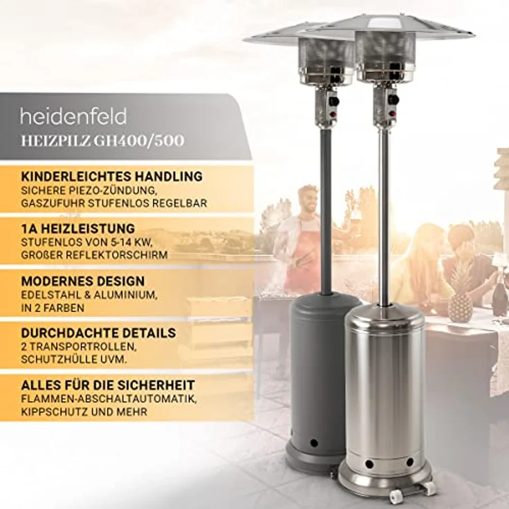 Heidenfeld Gas Heizpilz Inferno GH400 / GH500 Heizstrahler | 𝟑 𝐉𝐀𝐇𝐑𝐄 𝐆𝐀𝐑𝐀𝐍𝐓𝐈𝐄 - Terrassenheizer 14 kW - Gasheizstrahler - Gasheizer inkl. Schutzhülle - Heizlüfter (Schiefergrau) – Bild 2