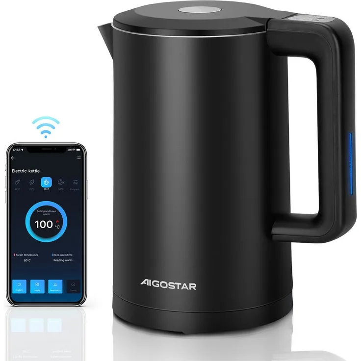 Aigostar Benjamin - Smart Wasserkocher mit Temperatureinstellung 40°C-100°C, 1,7 L, Schwarz