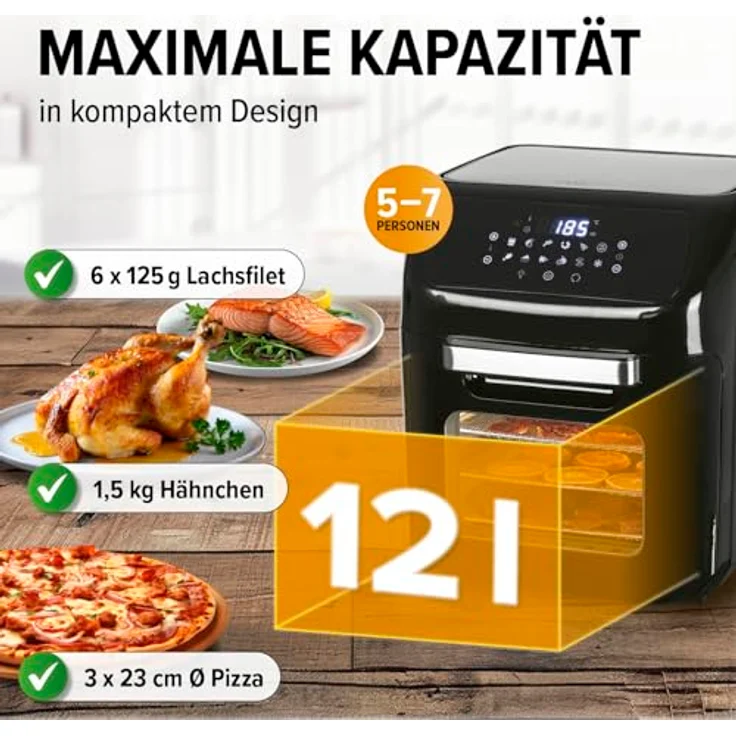 MAXXMEE 04703 Heißluft-Fritteuse, 1800W, ohne Fett, 12 l Fassungsvermögen, LED, Auftauen, Grill, Heißluft, Drehspieß, Display, schwarz – Bild 4