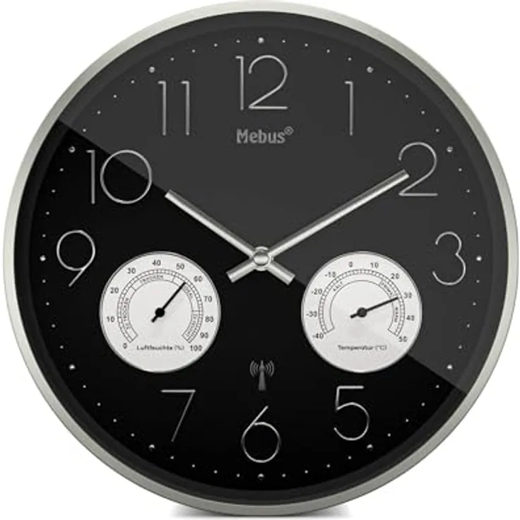 Mebus Funk-Wanduhr mit Thermo- und Hygrometer, Modell 12988 - Funktional und elegant, silberner Rahmen, schwarz