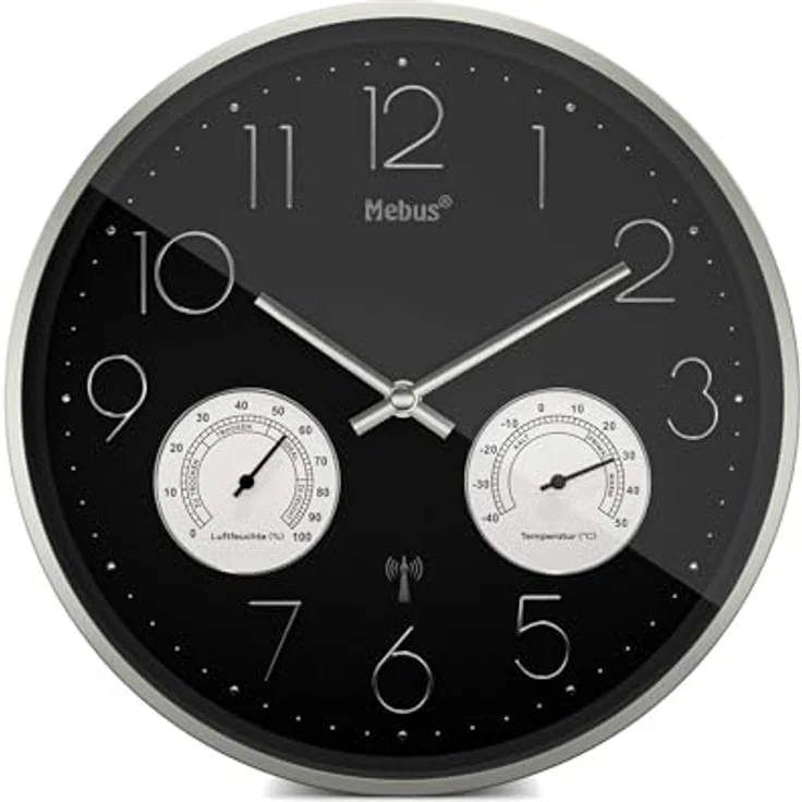 Mebus Funk-Wanduhr mit Thermo- und Hygrometer, Modell 12988 - Funktional und elegant, silberner Rahmen, schwarz – Bild 1