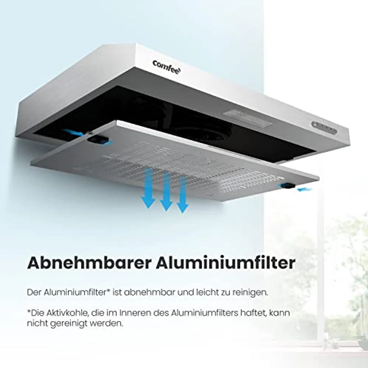 COMFEE' CHU 3.6F17BS 60cm Unterbauhauben Dunstabzugshaube Unterbau mit Edelstahl, abnehmbarem Aluminiumfilter, 200m³/h Luftstrom, 2 Stufen, 1 LED-Licht, Inox, Edelstahl Silber – Bild 4