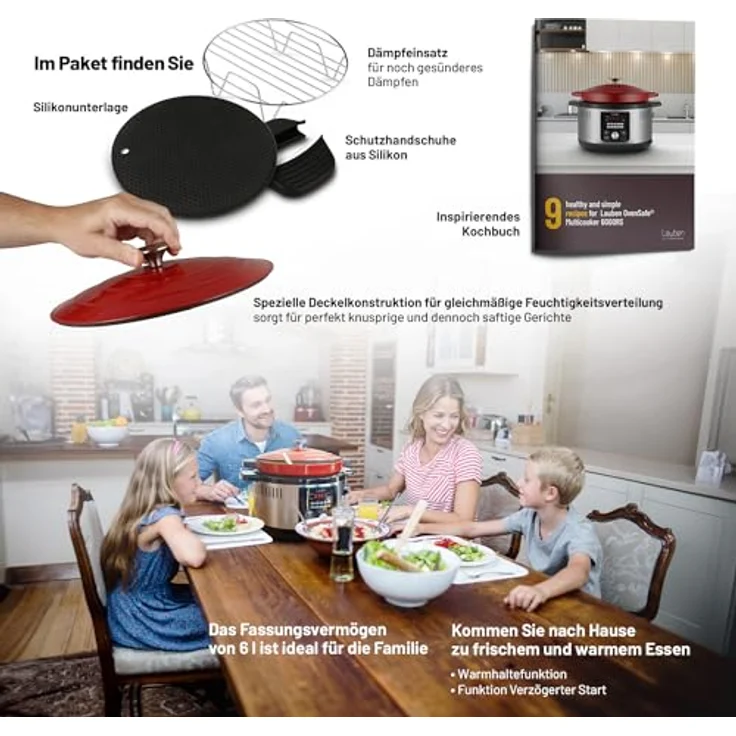 Lauben Multikocher OvenSafe® Multicooker 6000RS, Emaillierter Topf, Ofengeeignet, 1500,00 W, 6,00 l Schüssel, 10 Programme, Dampfgarer, Reiskocher, Gusseisen, Silikonhandschuhe, Silikonunterlage – Bild 5