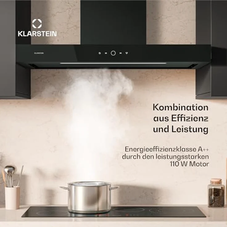 Klarstein SmartEdge Dunstabzugshaube - 90 cm Wandhaube, WLAN- & Touch-Steuerung, 550 m³/h Luftdurchsatz, A+ Energieeffizienz, LED-Beleuchtung, Flüsterleise 34 dB, Schwarz – Bild 3