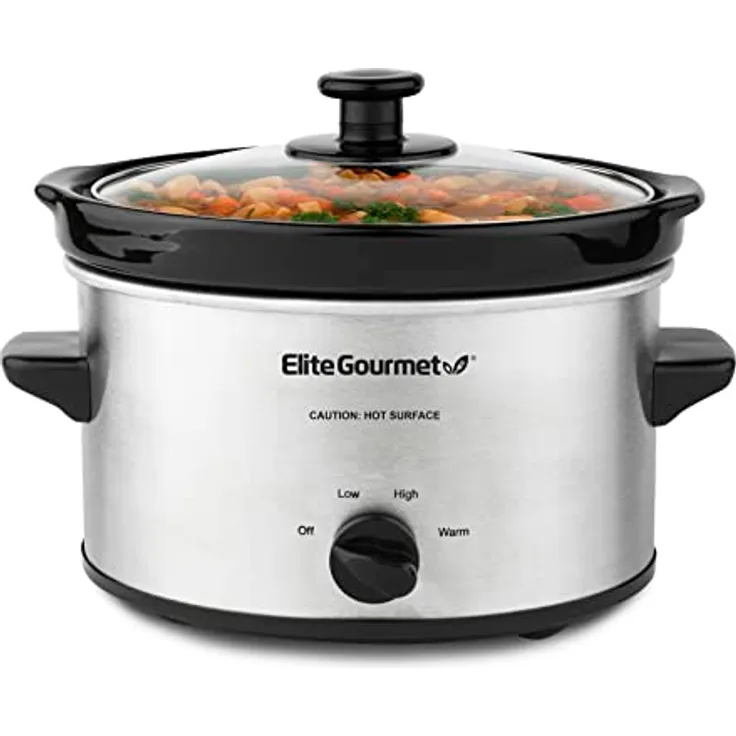 Elite Gourmet MST-275XS Elektrischer ovaler Schongarer, einstellbare Temperatur, Vorspeisen, Saucen, Eintöpfe und Dips, spülmaschinenfester Glasdeckel und Topf (2 Quart, Edelstahl)
