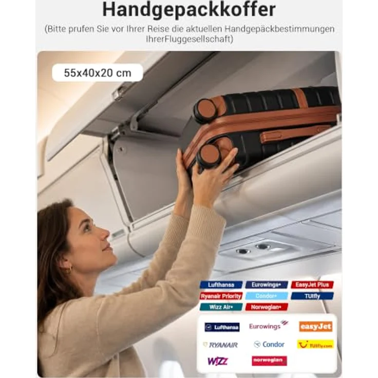 KONO Handgepäck Koffer 55x40x20cm, Leichter Trolley mit kratzfester ABS+PC-Hartschale, Schwarz – Bild 2