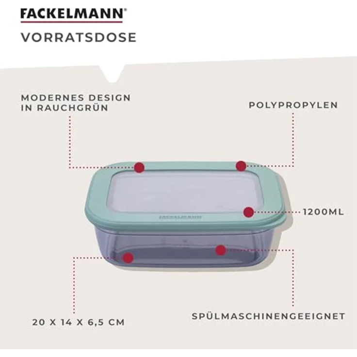 FACKELMANN Vorratsbox 1200ml, transparente Aufbewahrungsbox mit rauchgrünem Deckel, spülmaschinenfest, ideal für Meal Prep und unterwegs – Bild 3