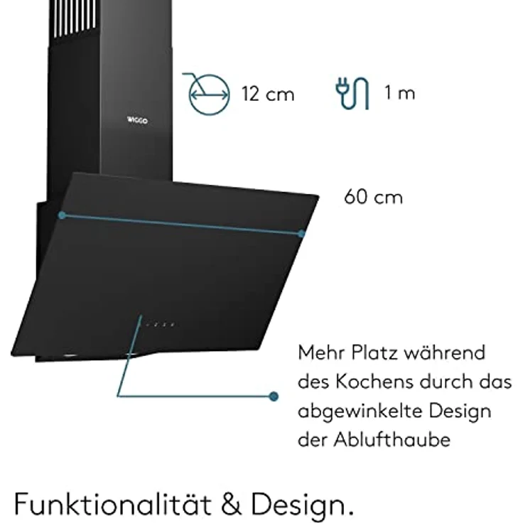 Wiggo Dunstabzugshaube 60cm kopffrei I Abluft Umluft Dunstabzug 650m³/h - Touch-Display 4 Stufen I Energieeffizienzklasse A Schräghaube inkl. Fettfilter & 2xKohlefilter I Abzugshaube Glasfront schwarz – Bild 5
