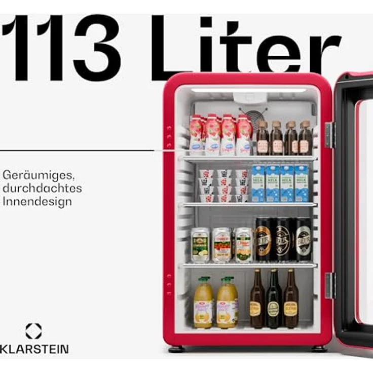 Klarstein Audrey Evo Getränkekühlschrank, 113 L, Retro-Design, doppelt verglaste Tür, 0-10 °C, Energieeffizienz C, LED-Beleuchtung, verstellbare Füße, Rot – Bild 2