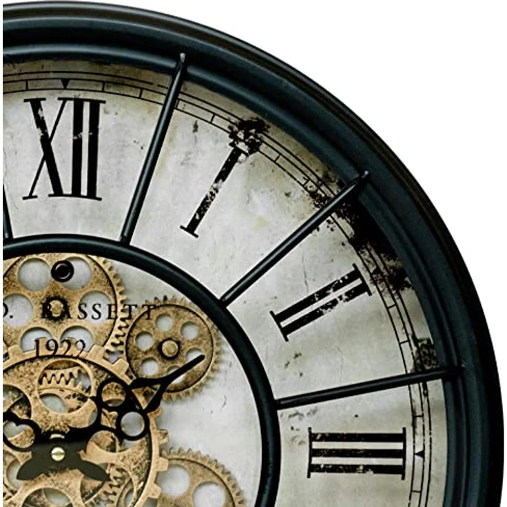 K&L Wall Art Alenio Große Vintage Metall Glas Wanduhr in XXL mit bewegenden Zahnrädern Römische Ziffern Zahnrad Wanduhr Wohnzimmer Wand Uhr Deko Schwarz Gold Ø46 cm Gross – Bild 3