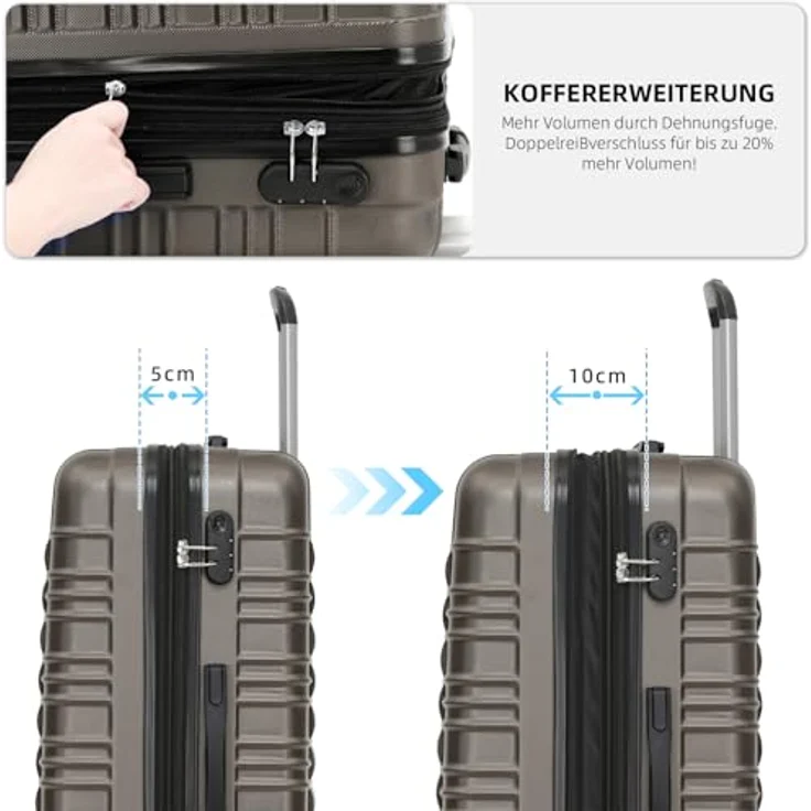 BEIBYE Hartschalen Koffer Trolley Kofferset, 3-teilig in Coffee mit Zwillingsrollen, integrierten Zahlenschloss und erweiterbarem Stauraum – Bild 4