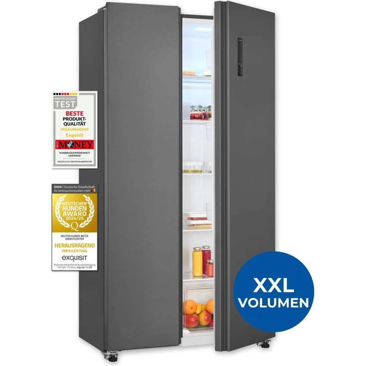 Exquisit SBS46-040E, Side-by-Side Kühlschrank mit Gefrierfach, 442 Liter, No-Frost, anthrazit, leise 39 dB, LED-Display, Umluftkühlung, 90 cm Breite