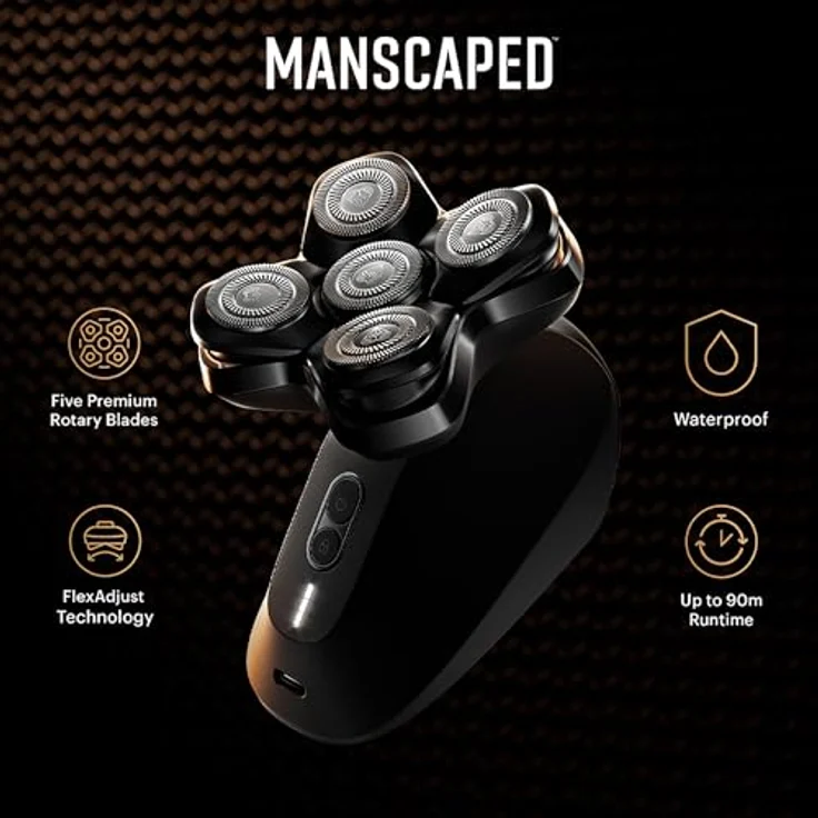 Manscaped Refining The Gentleman The Dome Shaver™ PRO Kopf- Glatzenrasierer für Männer, 5 rotierende SkinSafe® Scherelemente mit FlexAdjust Technology, wasserdicht, USB-C/Induktion ladbar, akkubetrieben, Reisesperre, Schwarz – Bild 3