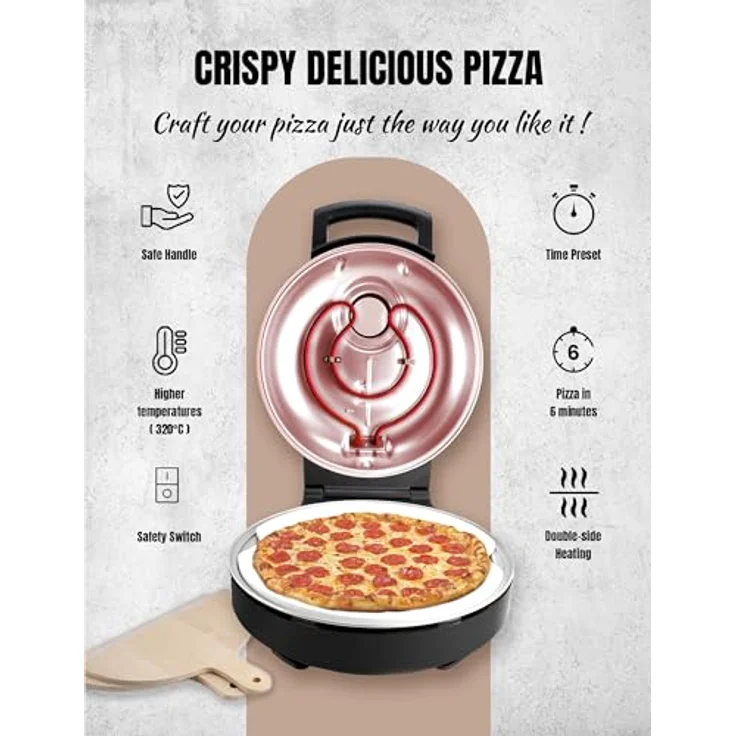 Bestron Pizzaofen APZ500SAT, elektischer Pizzaofen mit bis zu echten 320°C Höchsttemperatur, inkl. Schamottstein & 2 große Holzspatel, Satin Collection, Beige – Bild 5