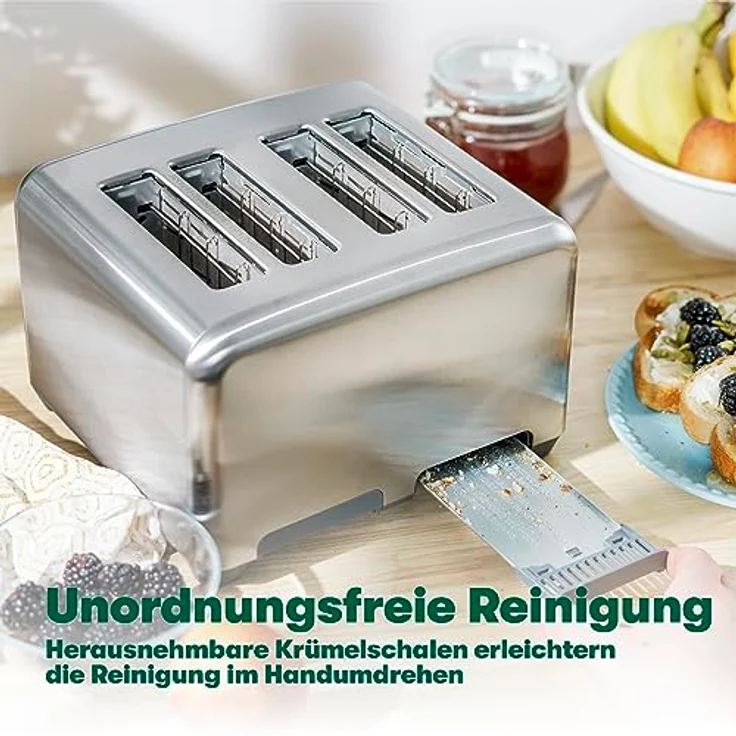 BELLA 4-Scheiben-Toaster mit extra breiten Toastschlitzen und herausnehmbarem Krümelfach – 6 Bräunungsstufen, Abschaltautomatik und Aufwärmfunktion – Toastbrot, Bagel und Waffeln – Bild 4