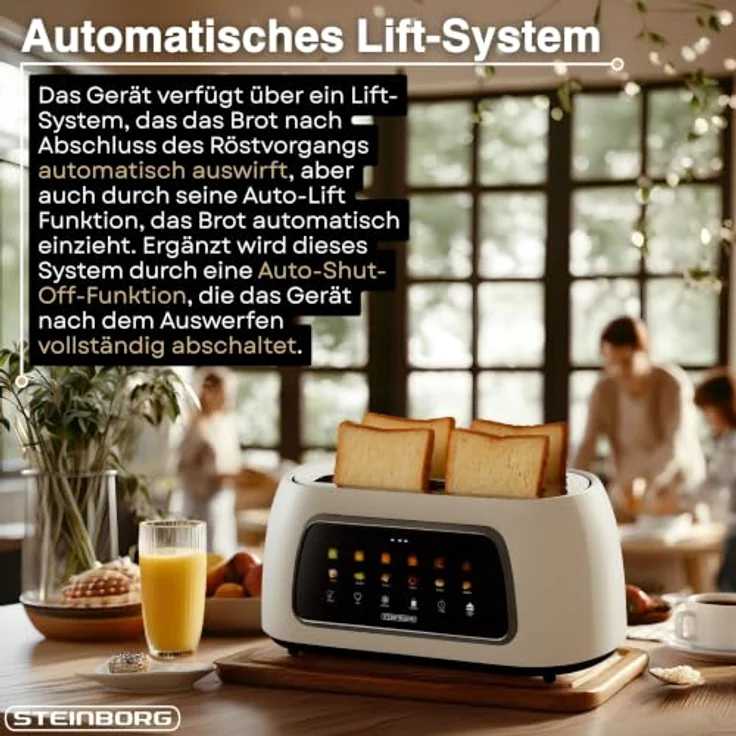 Steinborg XXL 4-Scheiben Toaster Schwarz mit Lift-Funktion, digitalem Display und Brötchenaufsatz, Edelstahl-Design – Bild 8