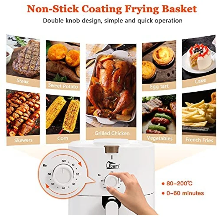 Heißluftfritteuse, 4L Air fryer XL Heissluftfriteuse für 2-6 Personen,1500W Friteuse mit Vorheizen & Warmhalten, ohne Öl und Fett, Antihaftkorb,32 Rezepte, Weiß – Bild 3