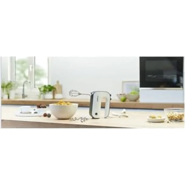 Bosch MFQ49700 Styline Handmixer, 850W, 5 Geschwindigkeitsstufen, inkl. Edelstahl Rührbesen und Knethaken, Spiralkabel, inkl. Stabmixer-Aufsatz, Mixbehälter (0,6L), weiß, dark silber – Bild 4
