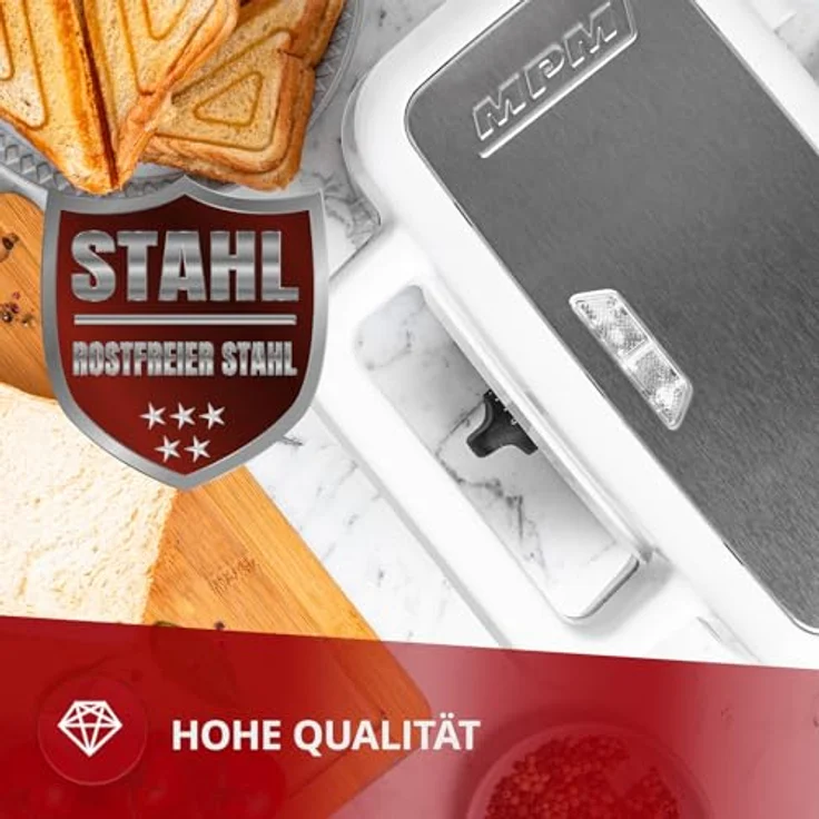 MPM MOP-33M 3in1 Sandwichmaker, 1200W, austauschbare Platten, Sandwichtoaster, Belgisches Waffeleisen, Grillplatte, Kontaktgrill für Fleisch und Fisch, Temperaturregelung, weiß – Bild 6