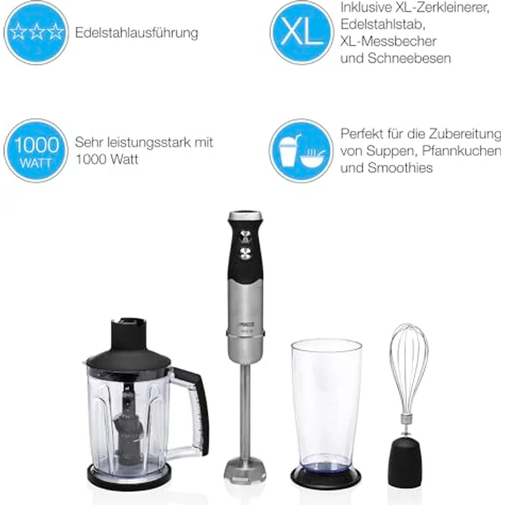 Princess 221221 XL Stabmixer, 1000 Watt, inkl. Schneebesen, Mixbecher, Zerkleinerer-Aufsatz, silber, schwarz – Bild 8