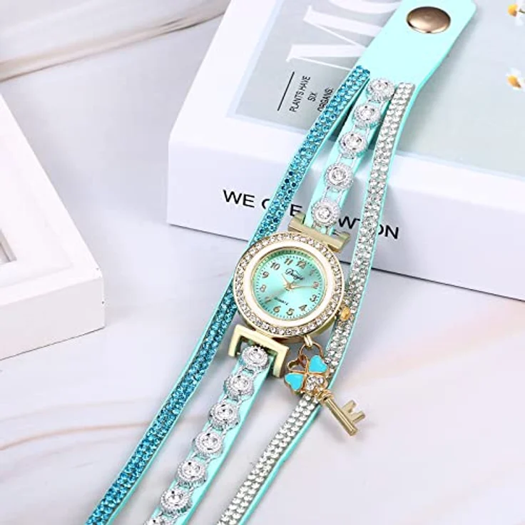 JewelryWe Armbanduhr Damen Retro Strass Glitzer Analog Quarz mit geflochtenem Lederarmband und Kleeblatt Schlüsselanhänger, Grün – Bild 4