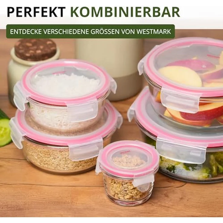 Westmark Glas-Frischhaltedose 650 ml, rund, luftdicht, BPA-frei, mit rotem Dichtungsring, spülmaschinenfest – Bild 10