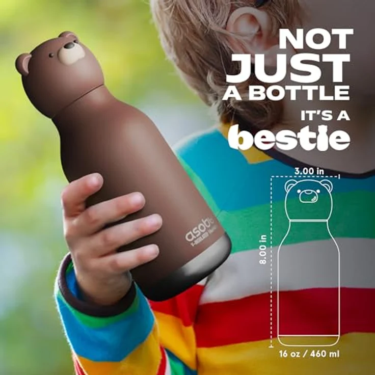 ASOBU Bestie Kindertrinkflasche mit Strohhalm, isolierte Edelstahlflasche 420ml mit braunem Bärenkopf, auslaufsicher & BPA-frei – Bild 5