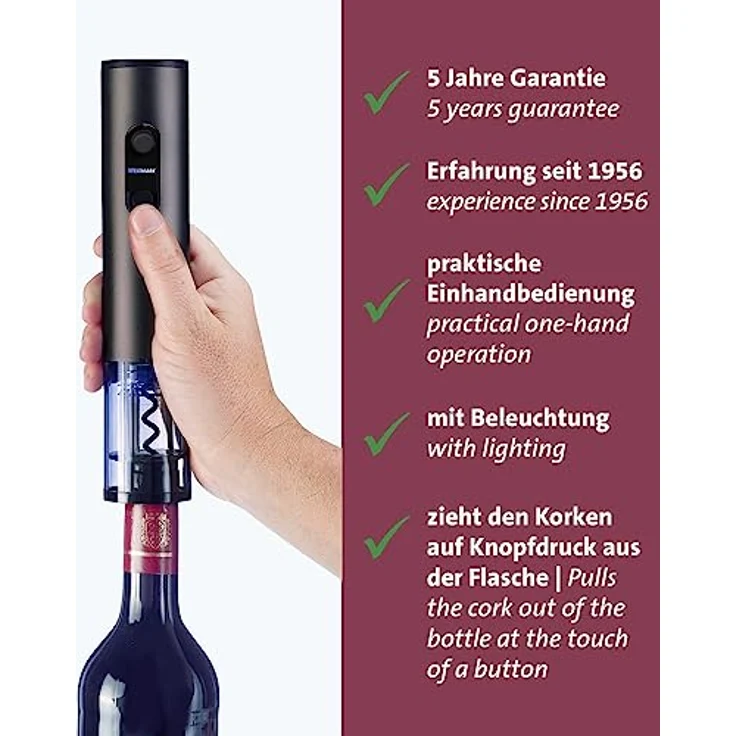 Westmark Korkenzieher Vasco – elektrischer Weinöffner für Weinflaschen mit Korken, müheloses Korkenziehen durch Einhandbedienung, 4xAA-Batterien nötig – rostfreier Stahl, Aluminium – Bild 2