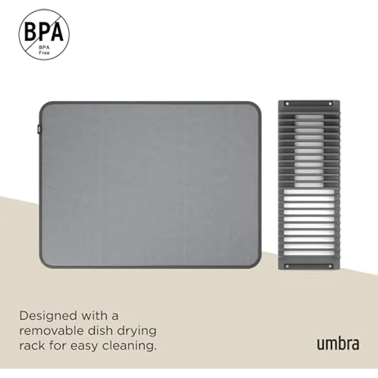 Umbra Udry Geschirr Abtropfgestell und Mikrofaser Abtropfmatte – Faltbar, Platzsparend und Leicht Verstaubar, 60 x 45 cm, Dunkelgrau – Bild 6