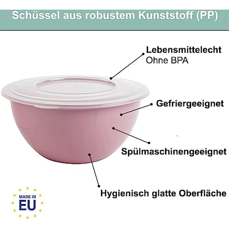 2friends Salatschüssel mit Deckel 5l, 3er Rührschüssel Set, BPA-frei Kunststoff, Ø 28cm, Made in EU, Model Kai - hell grau, pastell rosa, pastell grün, Transparent Deckel – Bild 3