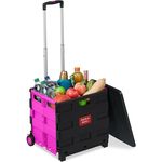 Relaxdays Einkaufstrolley klappbar, bis 35 kg, 50 l Kiste, mit Teleskopgriff, 2 Rollen, Transport Trolley, pink/schwarz