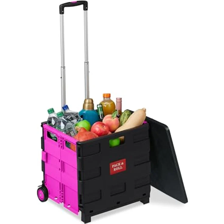 Relaxdays Einkaufstrolley klappbar, bis 35 kg, 50 l Kiste, mit Teleskopgriff, 2 Rollen, Transport Trolley, pink/schwarz – Bild 1