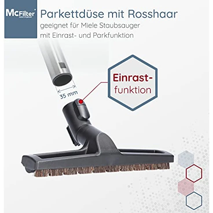 McFilter Parkettdüse für Miele S8340 S8360 S8730, Hartbodendüse mit 35mm Anschluss, Rosshaar und Einrast-Parkfunktion – Bild 2