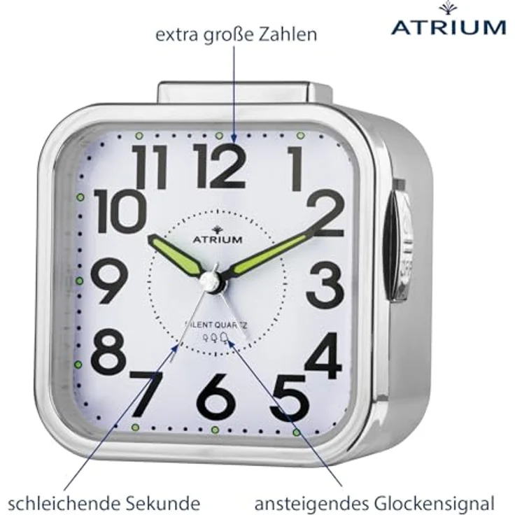Atrium Seniorenwecker A530-19, analoger Quarz-Wecker mit großem Zifferblatt, lautlosem Betrieb und extra lautem Glockensignal, Silber – Bild 4