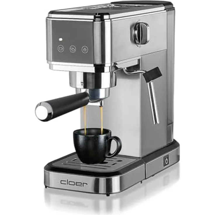 Cloer 5829 Espresso Siebträgermaschine, Espressomaschine mit Aufschäumer, 20 Bar Pumpe, schmales Design, 1-2 Tassen Espresso, Cappuccino, Latte Macchiato, Schwarz