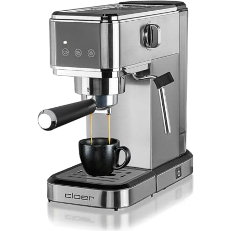 Cloer 5829 Espresso Siebträgermaschine, Espressomaschine mit Aufschäumer, 20 Bar Pumpe, schmales Design, 1-2 Tassen Espresso, Cappuccino, Latte Macchiato, Schwarz – Bild 1