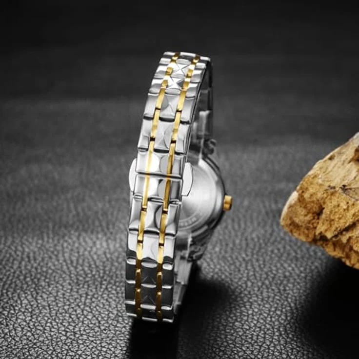 JewelryWe Damenuhr Edelstahl Analog Quarz Armbanduhr, 30m wasserdicht, leuchtende Zeiger, Römische Ziffern, Gold/Silber Edelstahlarmband mit Diamantskala – Bild 5