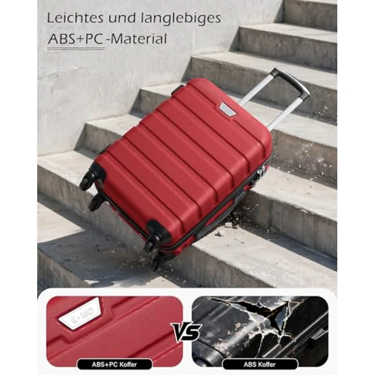 COOLIFE 2-Teiliges Kofferset, Hartschale aus PC+ABS, leicht und robust, 360° Spinner Räder, YKK Reißverschluss, TSA Zahlenschloss, rot – Bild 2