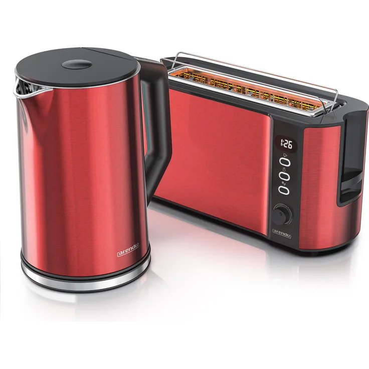 Arendo Frühstücks Set, Edelstahl Wasserkocher 1,5l mit Temperaturwahl & 2-Scheiben Langschlitz Toaster, Rot, Toaster, Rot