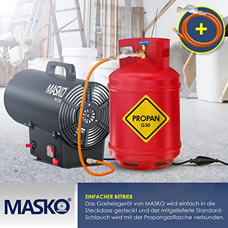 MASKO Gasheizgebläse Gasheizer Heizkanone Gasheizstrahler Bauheizer Gas Heizgerät heizstrahler Heißluftgenerator inkl. Gasschlauch & Druckminderer Heizgebläse für handelsübliche Gasflaschen Schwarz, 15 kW,  – Bild 7