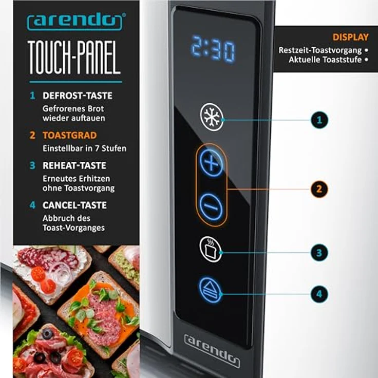 Arendo 4-Scheiben Langschlitz-Toaster FRUKOST TOUCH, Edelstahl mit Touchscreen, 7 Bräunungsgraden, integriertem Brötchenaufsatz, Restzeitanzeige und Memoryfunktion, Weiß Matt – Bild 4